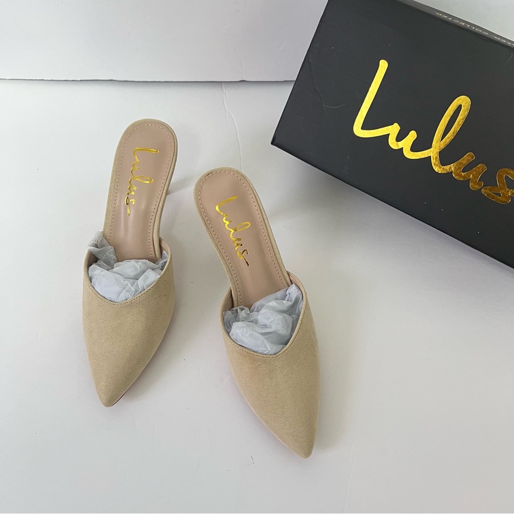 Lulus Leightonn Natural Nude Color Pointed Toe Open Back Heels Size 6 - Reemoly